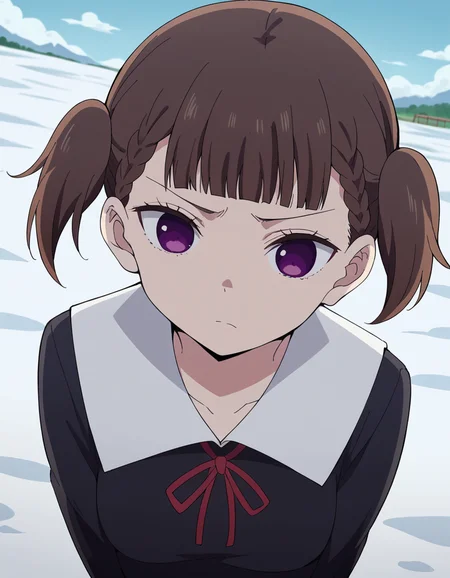 score_9, score_8_up, score_7_up, source_anime, <lora:maki-shijou-s3-ponyxl-lora-nochekaiser:1>, maki shijou, bangs, blunt bangs, purple eyes, twintails, two side up, braid, short twintails, brown hair, medium breasts,, long sleeves, dress, ribbon, school uniform, black dress, red ribbon, neck ribbon, collared dress, shuuchiin academy school uniform,, snow day, winter clothes, snowball fight, laughter, cold breath, white landscape, , , hands behind back, bent over,, solo,, dutch angle,