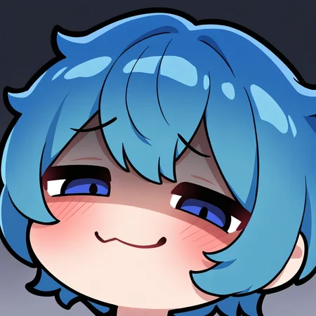 <lora:EmoteStyleSDXL:1>, best quality, masterpiece, emote, chibi, 1boy, blue hair, blue eyes, smug, blush, upper body, shaded face, short hair, messy hair