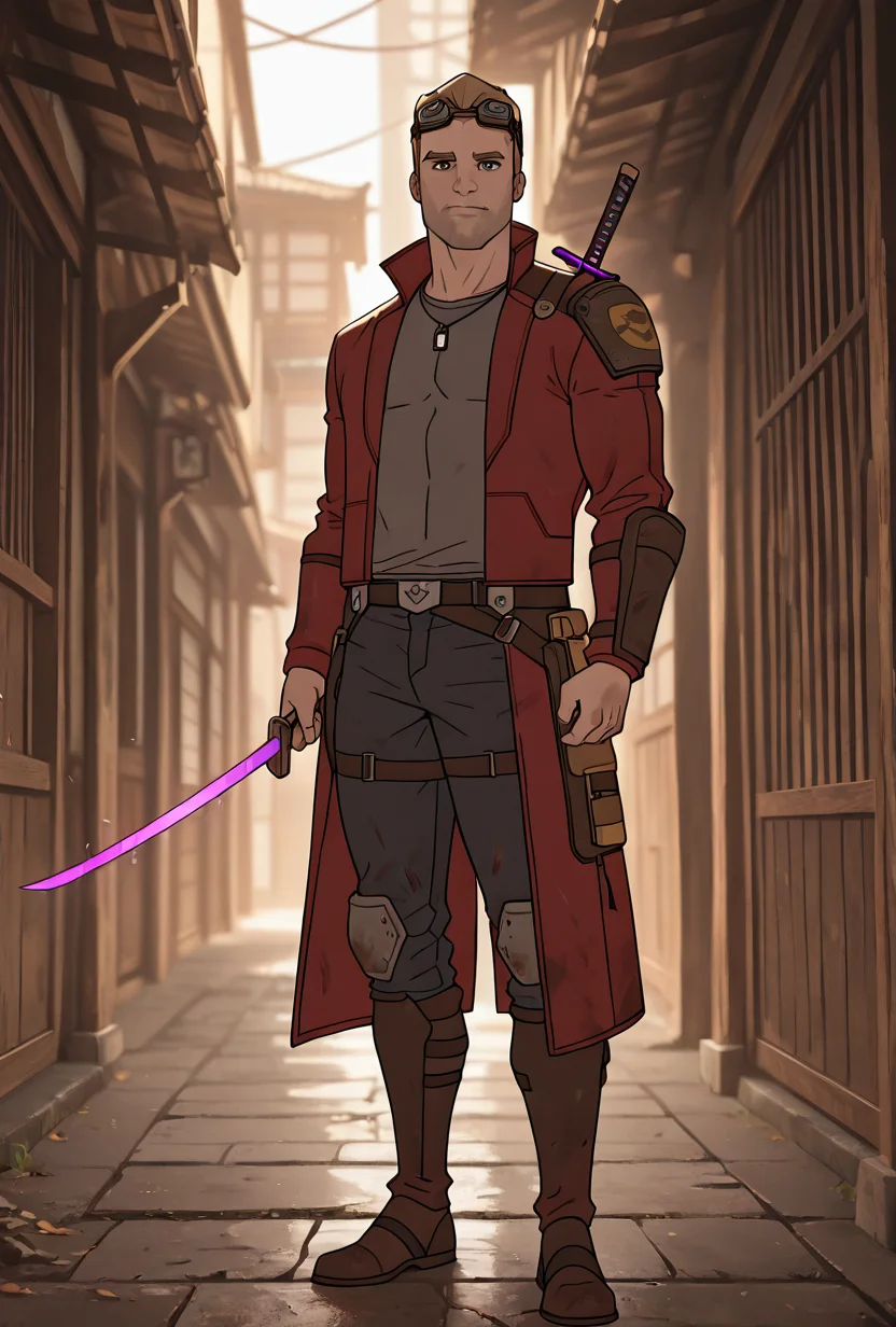 <lora:starlord-10:1> starlord, 1boy, dirty blonde hair, red jacket, gray shirt, short hair, open jacket, looking at viewer, goggles on head, head goggles, full body, ((long red coat,)), torn clothes, , black jeans, holding purple sword, (( mask on shoulder, )), loose belt, black necklace, samurai aesthetic, shirt print,, masterpiece, best quality, amazing quality, very aesthetic, absurdres, newest,