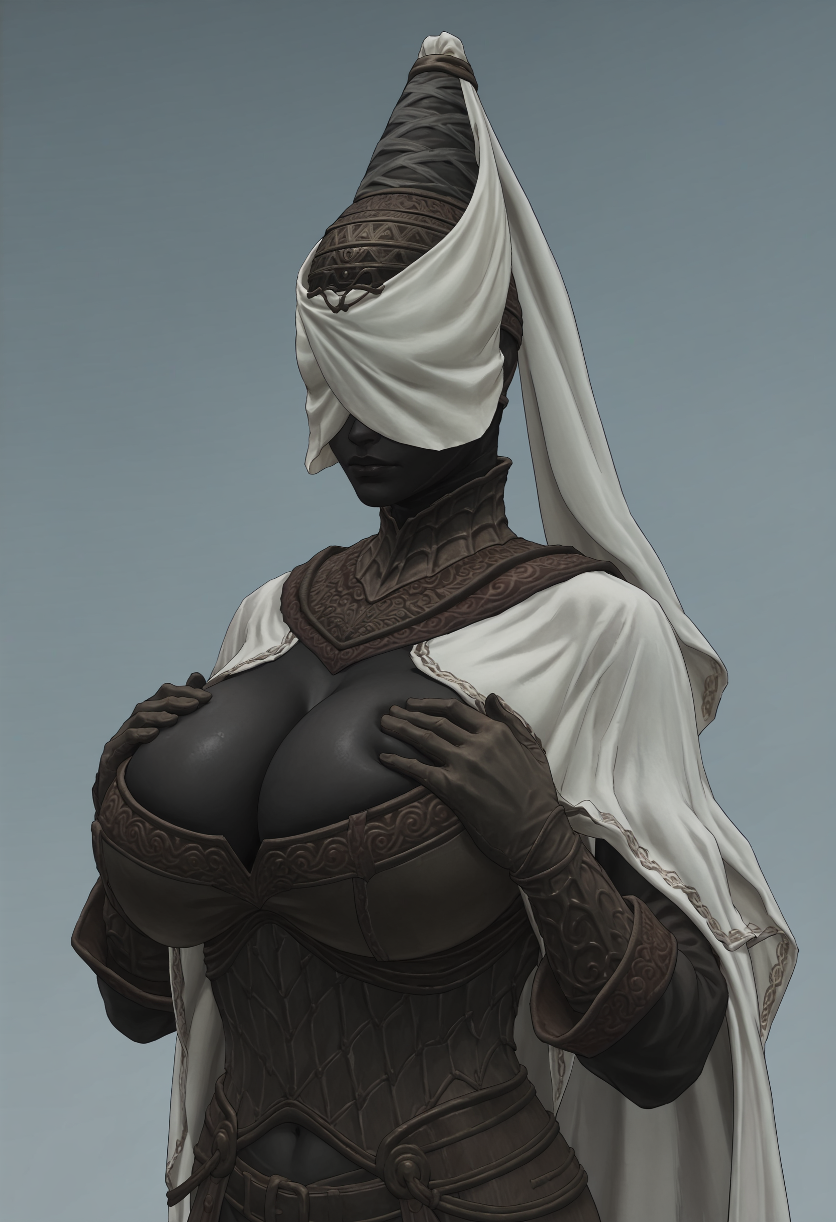 score_9, score_8_up, score_7_up, score_6_up, score_5_up, score_4_up, 1girl,  <lora:NoxSwordstress:0.85> solo, huge breasts, colored skin, black skin, faceless, veil, helmet, armor, cape, cloak, gloves, boots, upper body, cleavage, hands on breasts, 
(light blue background:1.15), simple background,