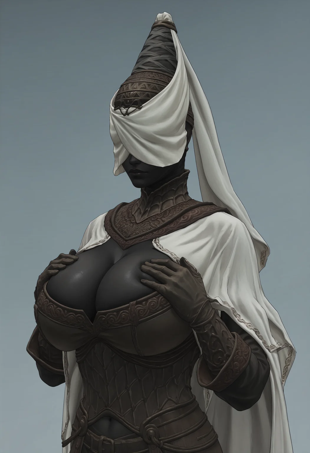 score_9, score_8_up, score_7_up, score_6_up, score_5_up, score_4_up, 1girl, <lora:NoxSwordstress:0.85> solo, huge breasts, colored skin, black skin, faceless, veil, helmet, armor, cape, cloak, gloves, boots, upper body, cleavage, hands on breasts,
(light blue background:1.15), simple background,