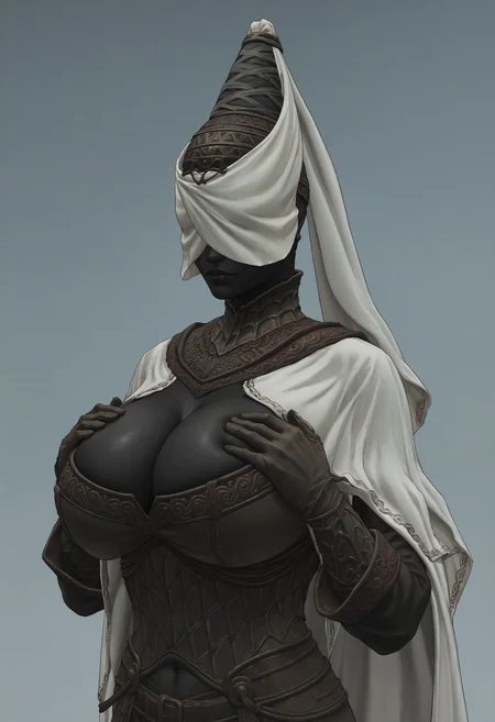 score_9, score_8_up, score_7_up, score_6_up, score_5_up, score_4_up, 1girl, <lora:NoxSwordstress:0.85> solo, huge breasts, colored skin, black skin, faceless, veil, helmet, armor, cape, cloak, gloves, boots, upper body, cleavage, hands on breasts,
(light blue background:1.15), simple background,