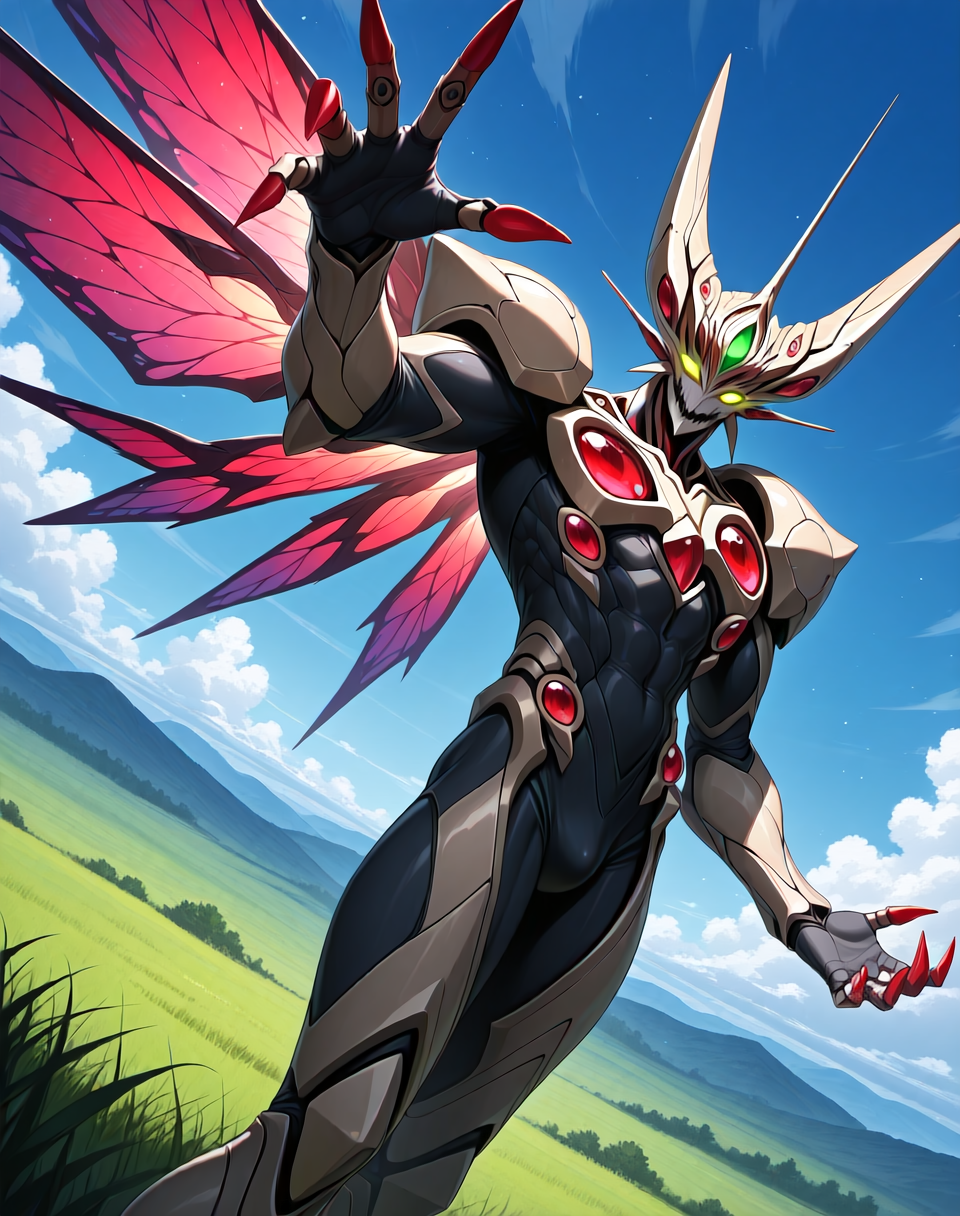 <lora:Zoalord_(Guyver)_(Illustrious)_(AD):1> Zoalord, Guyver, monster, 
exterior, science fiction, high science fiction, deep blue sky with anime clouds, deep valleys, soft anime style background, green grasslands in the background, spectacular vistas, 
dynamic action, dynamic perspective, dutch angle, bent knee, cowboy shot, 
black and purple and red and green colored body, glowing eyes, solo, source_guyver, bioboosted body, biomechanical, end boss, perfect form, perfect proportions, abs, regal and strong, handsome facial features, imposing, presence demands respect and deference, 
BREAK Smooth Quality, IllusP0s, lazyhand, lazympos, lazynsfw,