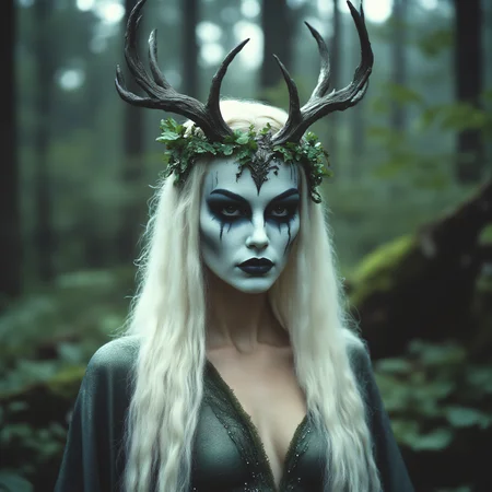 ArsMovieStill, 80s Fantasy Movie Still, The image is a portrait of a woman with long blonde hair and a crown of antlers on her head. She is standing in a forest-like setting with trees and bushes in the background. The woman is wearing a dark green outfit with intricate details and her face is painted with white and black makeup. The antlers are made of leaves and branches and the crown is made up of multiple large antlers. The overall mood of the image is dark and eerie., 1girl, solo, long hair, white hair, colored skin, antlers, blurry background, upper body, blurry, lips