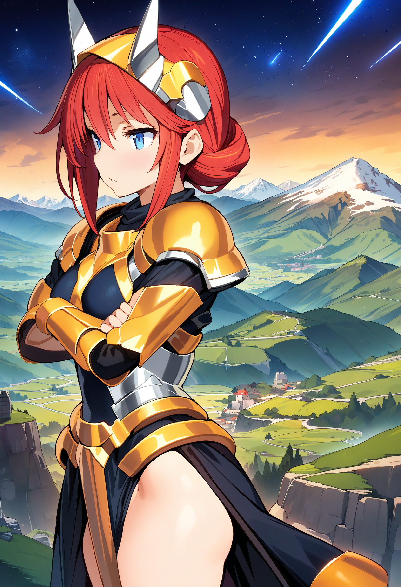masterpiece,best quality,very aesthetic,absurdres,highres,<lora:Cool_Rance_PA:1>,1girl,standing,red hair,blue eyes,armor dress,crossed arms,from side,mountain top,star \(sky\),