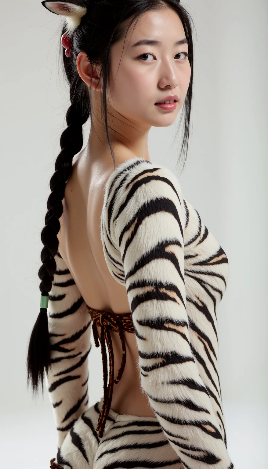 centaur female, lower body white tiger, upper body also with tiger stripes, tiger ears, 18 year old korean woman, looking at viewer, tucked hair with english braid with red jade stone on the tip of the braid, skimpy shaman outfit