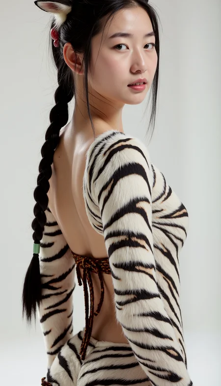 centaur female, lower body white tiger, upper body also with tiger stripes, tiger ears, 18 year old korean woman, looking at viewer, tucked hair with english braid with red jade stone on the tip of the braid, skimpy shaman outfit