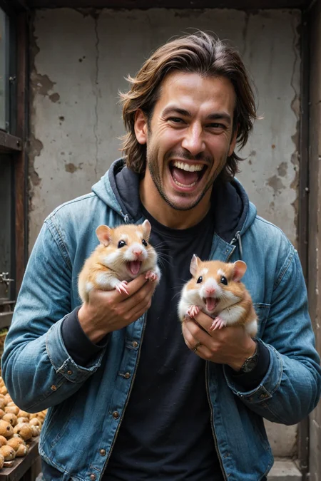 by ((( Ayami Kojima ) and Dorina Costras ) and Michael Garmash ) and Emiliano Ponzi , man holding up two cute hamsters while laughing maniacally, dual wielding hamsters <lora:happy:0.25><lora:maniacal_laughter:1.75><lora:dual_pistols:0.35> , <lora:more_art:0.30> <lora:midjourney:-0.15> <lora:RMSDXL_Enhance:0.50> <lora:RMSDXL_Creative:0.50> <lora:RMSDXL_Photo:0.50> <lora:RMSDXL_Darkness_Cinema:0.50> <lora:clothing_slider:2.00> <lora:great_lighting:1.50> <lora:aesthetic:1.50> <lora:photorealistic_portrait:1.50> <lora:extremely_detailed:1.50> <lora:dpo:0.25> <lora:perfect_hands:0.50>