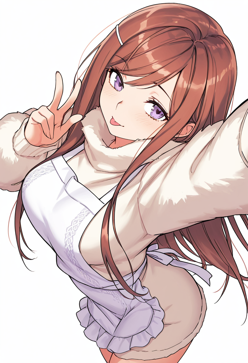 Smooth Quality,masterpiece,very intricate, high quality details, ultra realistic, high detailed skin,detailed enviorement,absurdres,
simple background, white background, dancing,skindentation, solo,sideways,w,
 <lora:Dasom_Lee_CNR:0.8> dasom_cnr,  1girl, brown hair, long hair, bangs, purple eyes,hairclip,oversized sweater, ,fur coat,,apron skirt,  ,, torogao,, :p,