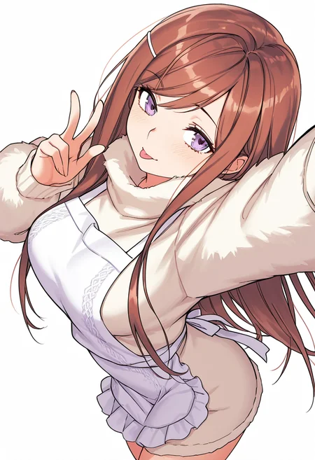 Smooth Quality,masterpiece,very intricate, high quality details, ultra realistic, high detailed skin,detailed enviorement,absurdres,
simple background, white background, dancing,skindentation, solo,sideways,w,
<lora:Dasom_Lee_CNR:0.8> dasom_cnr, 1girl, brown hair, long hair, bangs, purple eyes,hairclip,oversized sweater, ,fur coat,,apron skirt, ,, torogao,, :p,