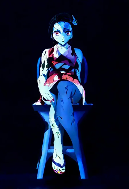 Perfect quality, hd, 4k, absurdres, Perfect face, perfect body, Nezuko, sitting in chair, pink kimono, perfect feet, perfect toes, spread toes, nail polish, sandals, cowboy shot, dutch angle, screencap, veins