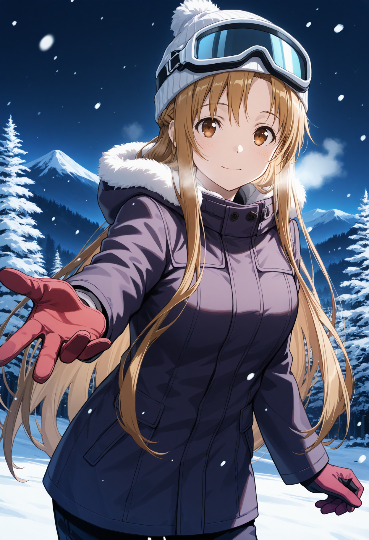 masterpiece, best quality, 1girl, solo, aaasuna, long hair, brown hair, braid, fur-trimmed hood, fur trim, ski goggles, goggles on head, jacket, ski gear, beanie, hood down, outdoors, winter, breath, (snowing), beckoning, reaching towards viewer, cowboy shot, brown eyes, gloves, night, night sky, nature, looking at viewer, mountain, scenery, forest, light smile, closed mouth