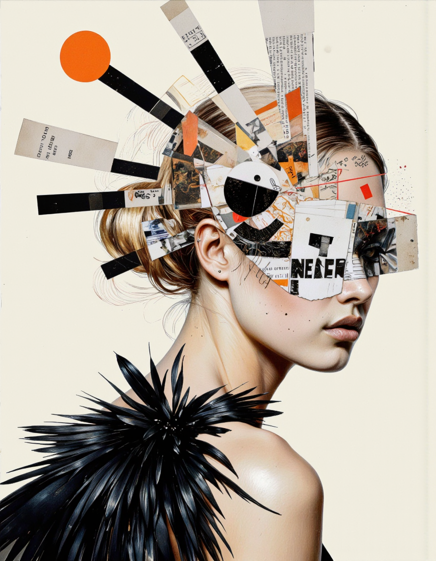 By Tom Nulens. A highly stylized digital artwork featuring a close-up of a woman's face and shoulders. The woman has fair skin and is wearing a black, feather-like accessory draped around her shoulders, which adds texture and contrast to the image. Her hair is styled in a sophisticated updo, with some strands falling loosely around her face. Her eyes are obscured by a collage of abstract, geometric shapes and lines in black, white, and shades of orange and red, creating a striking and modern look. The abstract elements extend from the top of her head down to her neck, blending seamlessly with the black feather accessory.
The background is a minimalist, off-white color, allowing the bold, abstract elements to stand out. The abstract shapes and lines create a sense of movement and dynamism, with some resembling rays or beams emanating from the center of the image. There are also scattered bits of text and symbols, adding to the abstract, collage-like feel of the artwork. The overall style is contemporary and avant-garde, blending elements of digital art, abstract expressionism, and fashion photography, creating a visually striking and thought-provoking piece. <lora:Tom_Nulens:0.8045440673828125>