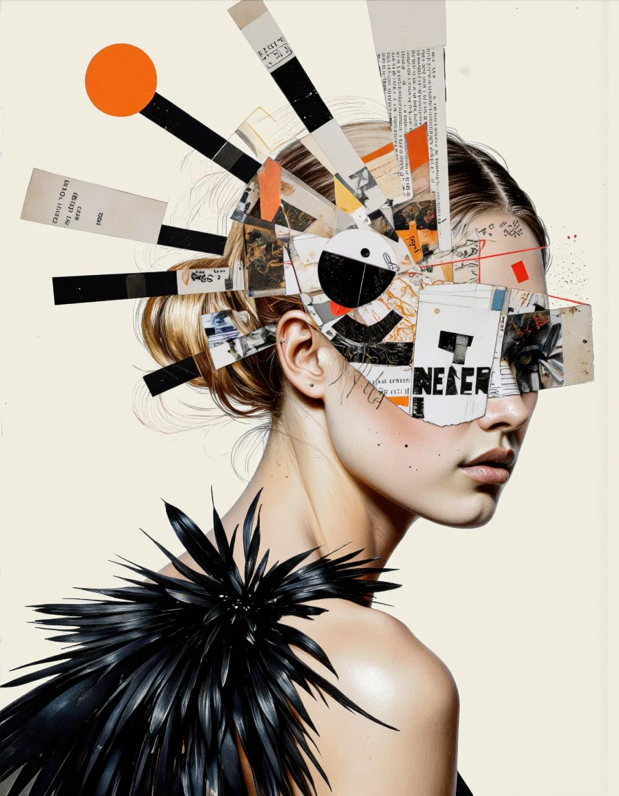 By Tom Nulens. A highly stylized digital artwork featuring a close-up of a woman's face and shoulders. The woman has fair skin and is wearing a black, feather-like accessory draped around her shoulders, which adds texture and contrast to the image. Her hair is styled in a sophisticated updo, with some strands falling loosely around her face. Her eyes are obscured by a collage of abstract, geometric shapes and lines in black, white, and shades of orange and red, creating a striking and modern look. The abstract elements extend from the top of her head down to her neck, blending seamlessly with the black feather accessory.
The background is a minimalist, off-white color, allowing the bold, abstract elements to stand out. The abstract shapes and lines create a sense of movement and dynamism, with some resembling rays or beams emanating from the center of the image. There are also scattered bits of text and symbols, adding to the abstract, collage-like feel of the artwork. The overall style is contemporary and avant-garde, blending elements of digital art, abstract expressionism, and fashion photography, creating a visually striking and thought-provoking piece. <lora:Tom_Nulens:0.8045440673828125>