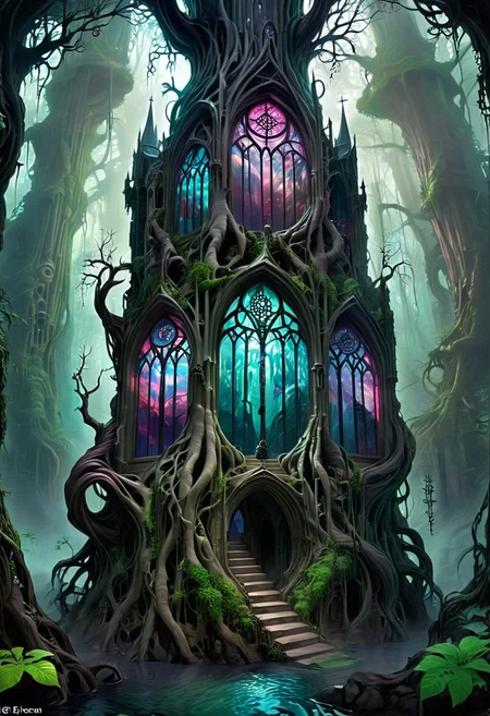 Twisted Gothic Cathedral in a Forest - A grand, gothic cathedral with exaggerated spires and stained-glass windows depicting surreal, dreamlike scenes. The cathedral is nestled deep within a dark forest, with giant, gnarled trees whose roots twist around the structure like serpents. <lora:EnvyPastelGoth02-prodigy-batch6:1> <lora:SDXLFaeTastic2400:1> <lora:Goth_SDXL_V1:1> <lora:LowBrowXL:1> <lora:GothGirlLorav0.1:1>