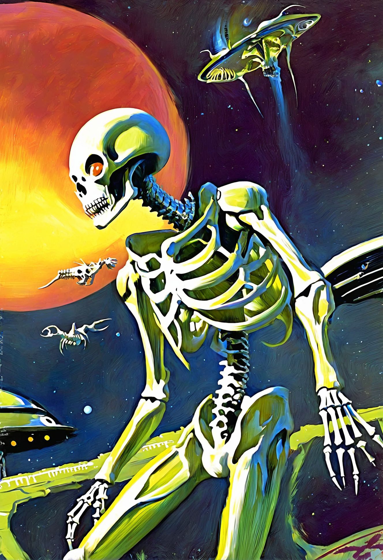 rough oil painting, photoshop oil paint brushes BREAK old pulp scifi poster, retro futuristic bizarre alien fauna,skeleton of an alien creature<lora:EnvyPulpScifiXL:1:1:lbw=ALL><lora:EnvyRoughOilXL02:1>