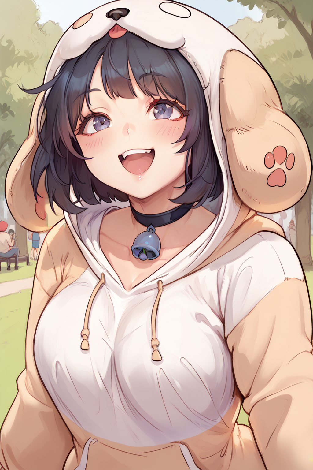 score_9, score_8_up, score_7_up, masterpiece, high quality, extreme detail, absurdres, (detailed skin texture) BREAK
 <lora:Gu-SeulPonyLoRA:1>GuSeul, short hair, bangs, choker with bell, hoodie, hood up:2, dog hood, blush, happy, park, cowboy shot