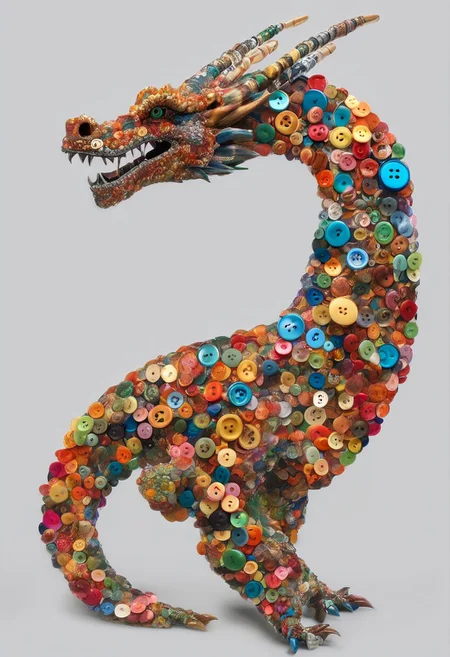 (((A fabulous dragon made of multicolored buttons)))