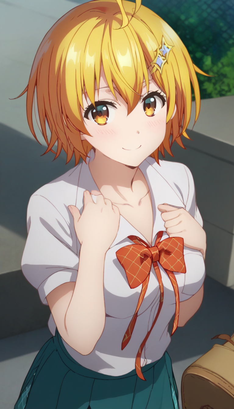 score_9,score_8_up,score_7_up,score_6_up BREAK official art,solo,outdoors,upper body,(portrait:1.5),looking at viewer,facing viewer,smile,blush,Hoshino Kirara,ahoge,short hair,blonde hair,hair ornament,hairclip,hair between eyes,bangs,yellow eyes,collarbone,school uniform,red bowtie,plaid bowtie,white shirt,collared shirt,short sleeves,medium breasts,skindentation,shirt tucked in,blue skirt,pleated skirt,black socks,loafers,brown footwear,<lora:Hoshino Kirara(dhh)-Pony:1.8>,