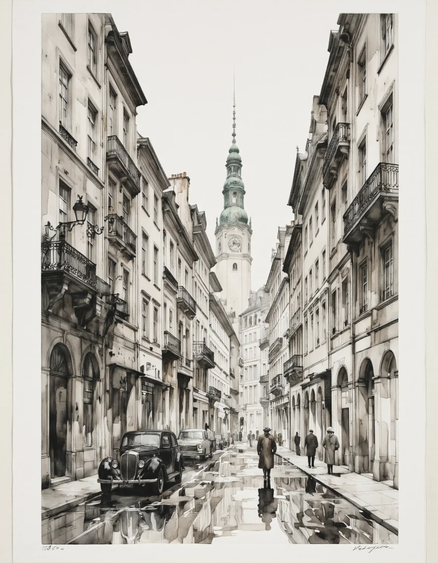 Inkquaria. A black and white, watercolor and ink drawing of a city street scene from a perspective perspective, featuring a cityscape with tall buildings on both sides and a clock tower in the background. the scene is depicted in a monochromatic style, with a focus on the cityscape and the architecture of the buildings. on the left side of the image, a vintage car is parked on the street, and on the right side, a few people are walking on the sidewalk. the car is a classic car, and the people are dressed in formal attire, with one person wearing a long coat and another wearing a hat. the street is wet, with puddles of water on the ground, creating a sense of depth and dimension. the buildings on either side are detailed with architectural features, including windows, balconies, and balconies on the balconies. in the distance, a large, ornate building with a green spire can be seen, adding to the sense of grandeur and grandeur of the scene. the overall atmosphere is one of tranquility and tranquility, with the contrast between the two elements creating a striking visual effect.