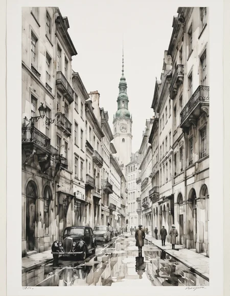 Inkquaria. A black and white, watercolor and ink drawing of a city street scene from a perspective perspective, featuring a cityscape with tall buildings on both sides and a clock tower in the background. the scene is depicted in a monochromatic style, with a focus on the cityscape and the architecture of the buildings. on the left side of the image, a vintage car is parked on the street, and on the right side, a few people are walking on the sidewalk. the car is a classic car, and the people are dressed in formal attire, with one person wearing a long coat and another wearing a hat. the street is wet, with puddles of water on the ground, creating a sense of depth and dimension. the buildings on either side are detailed with architectural features, including windows, balconies, and balconies on the balconies. in the distance, a large, ornate building with a green spire can be seen, adding to the sense of grandeur and grandeur of the scene. the overall atmosphere is one of tranquility and tranquility, with the contrast between the two elements creating a striking visual effect.