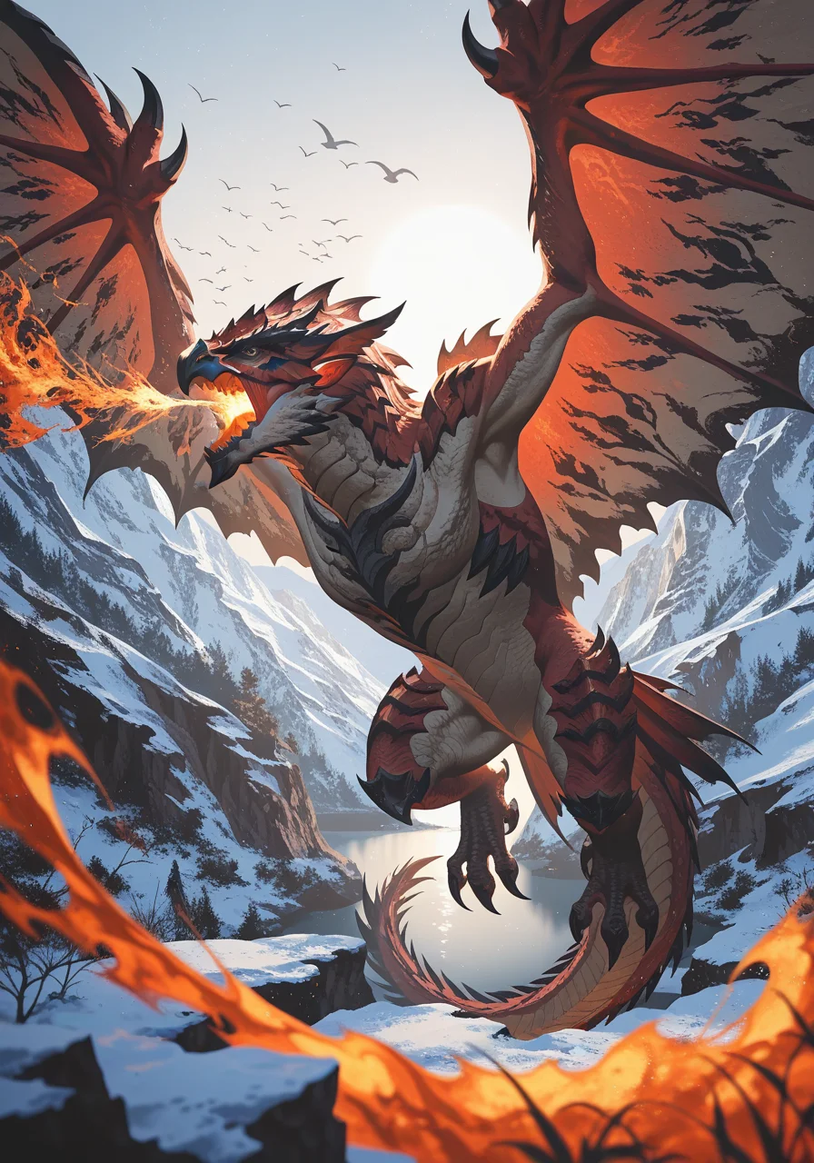 solo quadruped feral rathalos, yellow eyes, white body, scales, action pose, attack, membrane \(anatomy\), flying, spit fire, particle effect, BREAK, masterpiece, best quality, high quality, [[:by Akinashi Yuu, by Desubox:0.15]:realistic, photorealism:0.35], [:(by Fajyobore:1.25):0.35], detailed background, detailed foreground, silhouette depth of field, backlighting, sun light, (particle effect:1.25), [:snow, cliff, mountain, plant, ruins, lake, ambient bird:0.1]