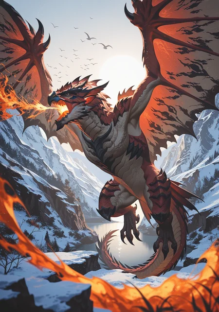 solo quadruped feral rathalos, yellow eyes, white body, scales, action pose, attack, membrane \(anatomy\), flying, spit fire, particle effect, BREAK, masterpiece, best quality, high quality, [[:by Akinashi Yuu, by Desubox:0.15]:realistic, photorealism:0.35], [:(by Fajyobore:1.25):0.35], detailed background, detailed foreground, silhouette depth of field, backlighting, sun light, (particle effect:1.25), [:snow, cliff, mountain, plant, ruins, lake, ambient bird:0.1]