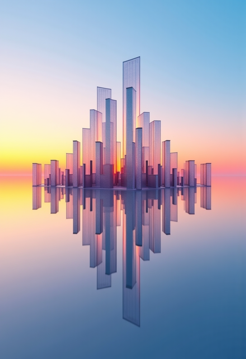 The image depicts a minimalist 3D arrangement, with a strong dynamic perspective effect, hundreds of very thin polarized mirror tinted glass parallelepipeds with razor-sharp edges and perfect geometry, with precisely interlocking perfect reflections, the towers surfaces is etched with lines forming grids. They are positioned in a formation reminiscent of the skyline of buildings in an ultra-futuristic megalopolis, with varying heights, the further away from the centre one gets, the more tiny the parallelepipeds become, creating the impression of a sprawling metropolis extending to the horizon. The parallelepipeds are polished to a mirror-like shine, reflecting their surroundings with crystal clarity. The parallelepipeds become taller as they approach the center, forming a cluster of towers. The arrangement is placed on an infinitely flat surface of mirror-polished stainless steel that stretches to the invisible horizon, creating a seamless and endless reflection. The background features a pristine, pure sky with vivid polarized colors at sunrise, enhancing the overall sense of perfection, symmetry, and tranquility.