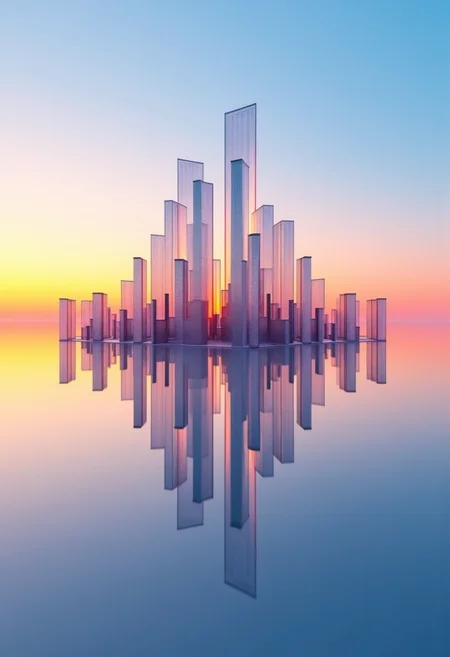 The image depicts a minimalist 3D arrangement, with a strong dynamic perspective effect, hundreds of very thin polarized mirror tinted glass parallelepipeds with razor-sharp edges and perfect geometry, with precisely interlocking perfect reflections, the towers surfaces is etched with lines forming grids. They are positioned in a formation reminiscent of the skyline of buildings in an ultra-futuristic megalopolis, with varying heights, the further away from the centre one gets, the more tiny the parallelepipeds become, creating the impression of a sprawling metropolis extending to the horizon. The parallelepipeds are polished to a mirror-like shine, reflecting their surroundings with crystal clarity. The parallelepipeds become taller as they approach the center, forming a cluster of towers. The arrangement is placed on an infinitely flat surface of mirror-polished stainless steel that stretches to the invisible horizon, creating a seamless and endless reflection. The background features a pristine, pure sky with vivid polarized colors at sunrise, enhancing the overall sense of perfection, symmetry, and tranquility.