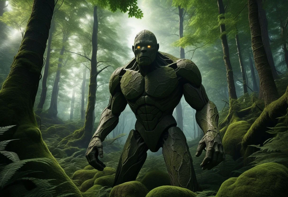 An ancient stone golem awakening in a dense forest. high detail, fantasy, dynamic, mythical, dramatic.