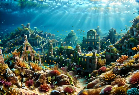 underwater scene, ancient ruins of a merfolk civilization, diagonal god rays, coral structures, stone buildings, colorful fish, lost civilization ruins, sea creatures in underwater gardens, soft glow, filtered surface light, atlantis, concentric islands, otherworldly metropolis, utopian society, lush vegetation engulfing ancient ruins, leafsheep, sea slug