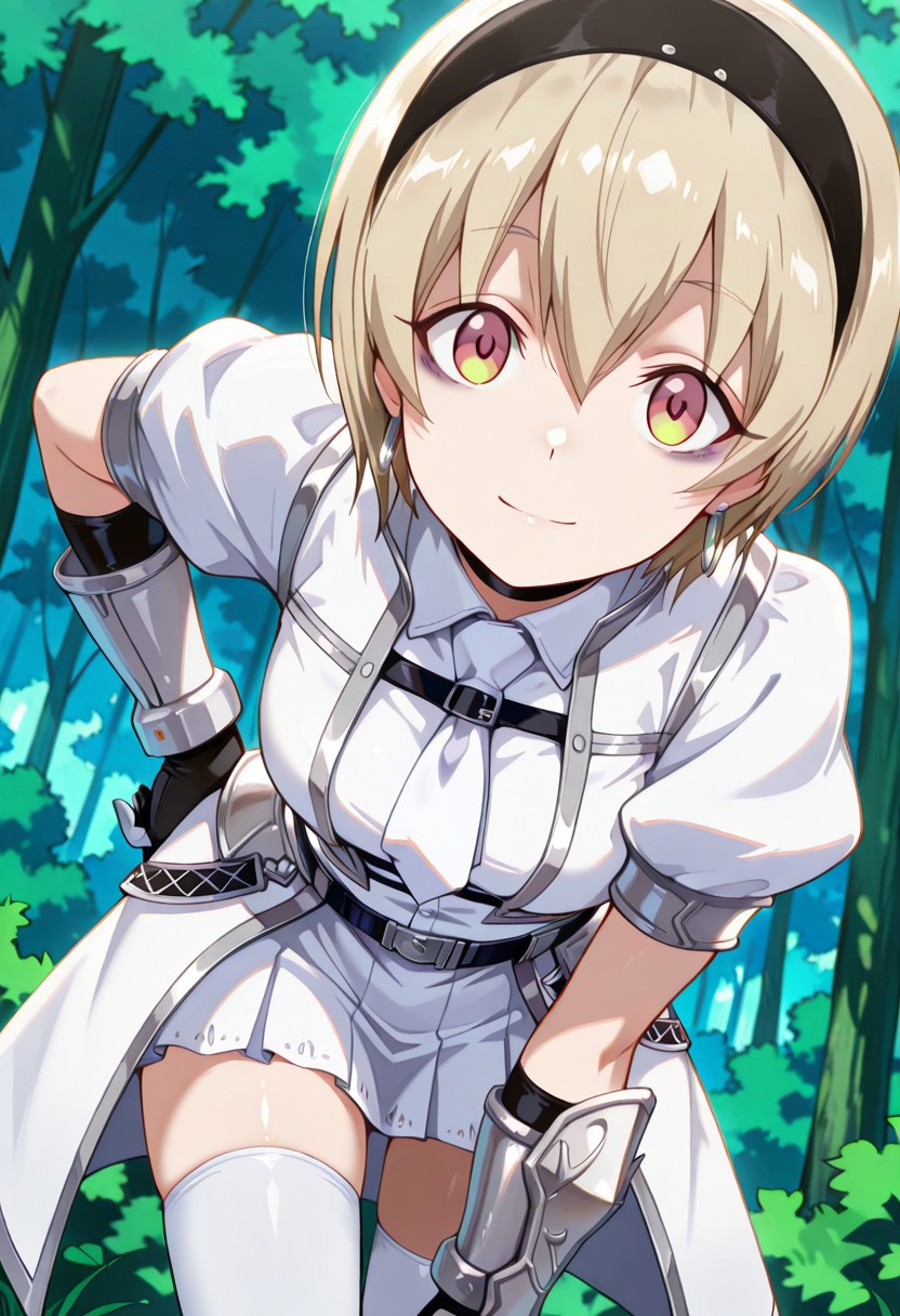 medium depth of field, rule of thirds, masterpiece-level, clean lines, sharp, focused subject, minimalistic composition, masterpiece, amazing quality, best quality, anime screencap, detailed face, detailed eyes, detailed outfit, face focus, 
general,highres, ultra-detailed,very aesthetic,best quality ,best hands, perfect anatomy,detailed,
BREAK 1girl, solo,pekora_cnr, 1girl, blonde hair, short hair, bangs, yellow eyes, multicolored eyes, shiny hair black hairband,bags under eyes,
azure armor, 
full azure armor, white shirt, white tie, white waist cape,
silver hoop earrings, silver arm shield, black choker,
white hair ribbon hairband, white thighhighs, white cropped jacket, white armored gloves, white miniskirt, white armored boots,
from front, from below, cowboy shot,
standing, leaning forward, hand on own hip, happy, light smile, looking at viewer,
(Forest, woods, trees, rocks, bushes, mountains,),