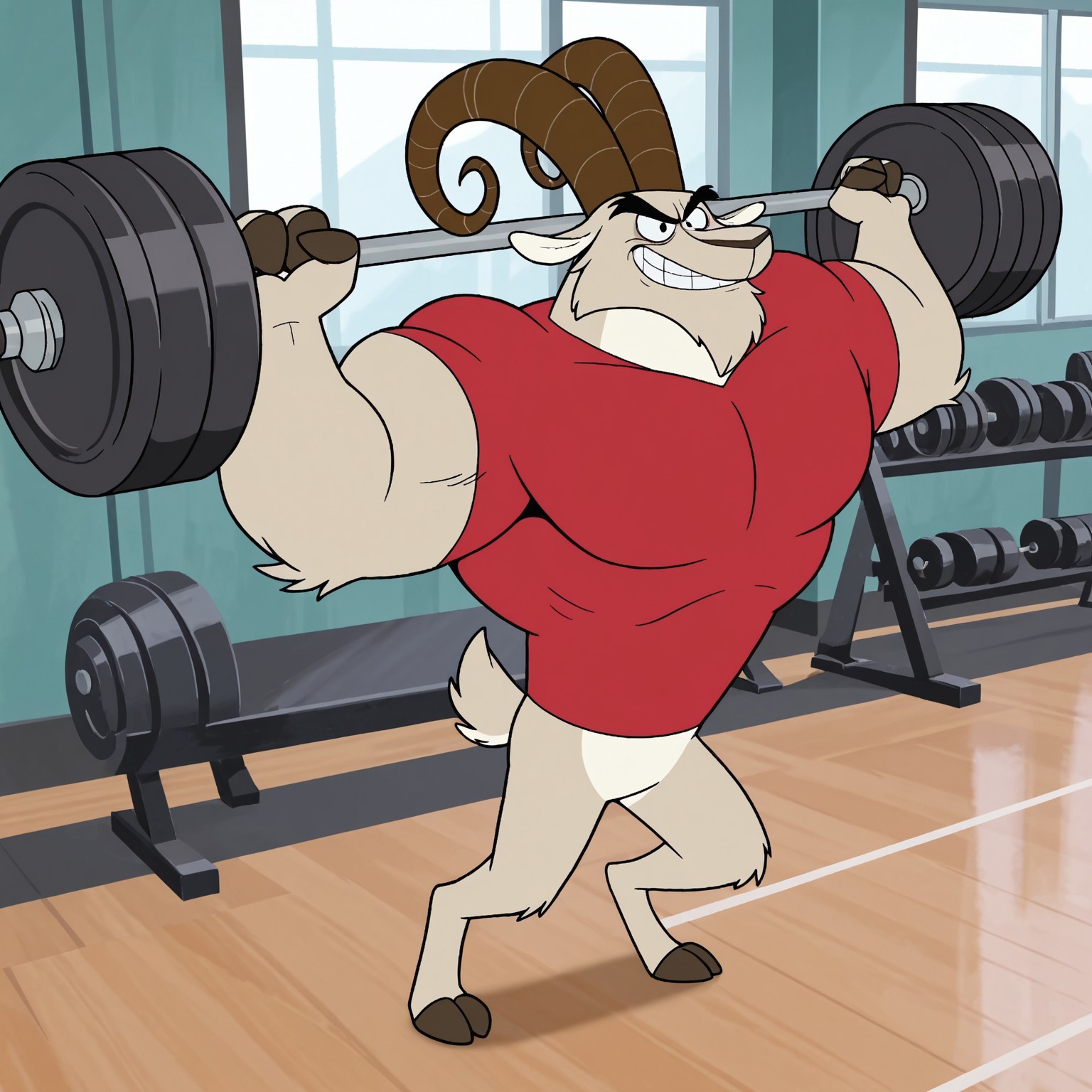 2d, solo, 1boy, Rockhardcase, male, furry, furry male, goat, brown horns, goat horns, beige fur, white fur, two tone fur, black eyebrows, thick eyebrows, black eyes, dark brown claws, short ears, animal ears, digitigrade, hooves, tail, muscular male, red shirt, bottomless 

BREAK indoors, gym, from above, weightlifting, grin

BREAK best quality, amazing quality, very aesthetic, absurdres, newest