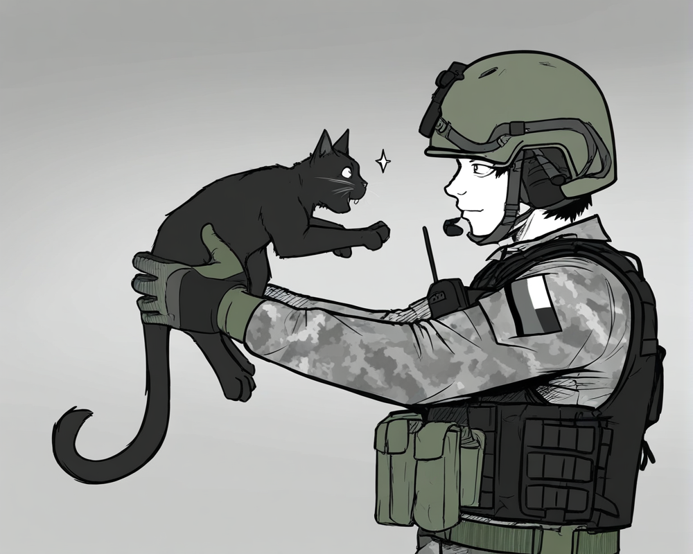monochrome,greyscale,(graphite \(medium\):0.5),hatching \(texture\),
fuze \(rainbow six siege\),1boy,animal,arms up,belt,black cat,black vest,brown jacket,buckle,bulletproof vest,camouflage,camouflage gloves,camouflage jacket,cat,chest belt,combat helmet,dated,eye contact,facing animal,gloves,goggles,gorka,green belt,green gloves,green helmet,grey background,helmet,holding,holding animal,holding cat,jacket,long sleeves,looking at another,male focus,military combat uniform,military jacket,military operator,multicolored gloves,pixel text,pocket,pouch,russian flag,shoulder pouch,simple background,snap - fit buckle,solo,sparkle,spetsnaz,star (symbol),upper body,vest,walkie - talkie,mask,tactical clothes,tactical glass,
(((masterpiece, best quality, amazing quality, very aesthetic,highres, absurdres))),newest,very awa,highres,
<lora:lookback-noob10-v2-000030>,