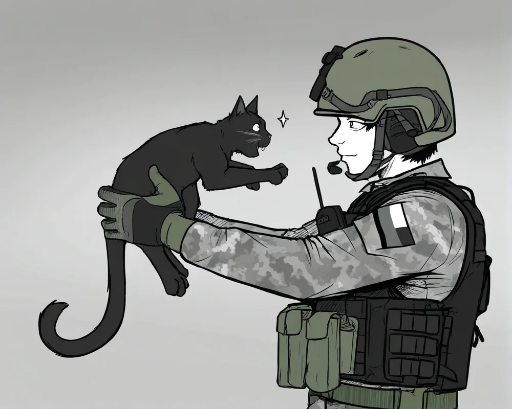 monochrome,greyscale,(graphite \(medium\):0.5),hatching \(texture\),
fuze \(rainbow six siege\),1boy,animal,arms up,belt,black cat,black vest,brown jacket,buckle,bulletproof vest,camouflage,camouflage gloves,camouflage jacket,cat,chest belt,combat helmet,dated,eye contact,facing animal,gloves,goggles,gorka,green belt,green gloves,green helmet,grey background,helmet,holding,holding animal,holding cat,jacket,long sleeves,looking at another,male focus,military combat uniform,military jacket,military operator,multicolored gloves,pixel text,pocket,pouch,russian flag,shoulder pouch,simple background,snap - fit buckle,solo,sparkle,spetsnaz,star (symbol),upper body,vest,walkie - talkie,mask,tactical clothes,tactical glass,
(((masterpiece, best quality, amazing quality, very aesthetic,highres, absurdres))),newest,very awa,highres,
<lora:lookback-noob10-v2-000030>,