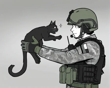monochrome,greyscale,(graphite \(medium\):0.5),hatching \(texture\),
fuze \(rainbow six siege\),1boy,animal,arms up,belt,black cat,black vest,brown jacket,buckle,bulletproof vest,camouflage,camouflage gloves,camouflage jacket,cat,chest belt,combat helmet,dated,eye contact,facing animal,gloves,goggles,gorka,green belt,green gloves,green helmet,grey background,helmet,holding,holding animal,holding cat,jacket,long sleeves,looking at another,male focus,military combat uniform,military jacket,military operator,multicolored gloves,pixel text,pocket,pouch,russian flag,shoulder pouch,simple background,snap - fit buckle,solo,sparkle,spetsnaz,star (symbol),upper body,vest,walkie - talkie,mask,tactical clothes,tactical glass,
(((masterpiece, best quality, amazing quality, very aesthetic,highres, absurdres))),newest,very awa,highres,
<lora:lookback-noob10-v2-000030>,