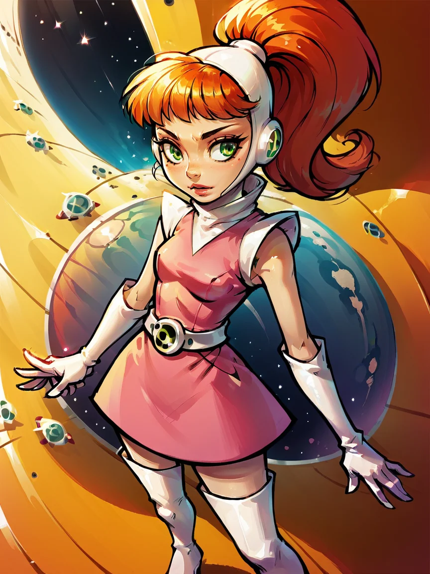 score_9, score_8_up, score_7_up, score_6_up, score_5_up, <lora:1ly4XLP:1> 1ly4, <lora:AtomicBettyXLP:1> atomic betty, 1girl, gloves, solo, green eyes, thigh boots, ponytail, elbow gloves, dress, space