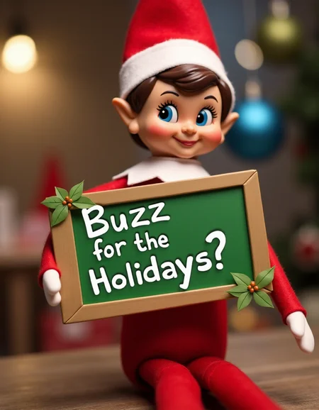 A picture of an elf holding up a sign saying "Buzz for the Holidays?"