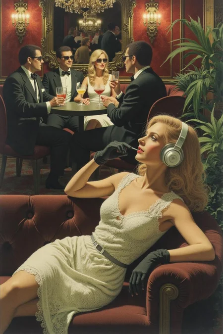 jeanleonhuens1 illustration.
A luxurious, dimly lit lounge set in 1970s Italy, exuding vintage charm and opulence. A stylish young woman in a lace dress, wearing oversized headphones, lounges on a plush velvet couch with an air of cool detachment. She dons sleek black gloves, embodying the effortless glamour of the era. In the background, a group of fashionable, well-dressed people in tailored suits and cocktail dresses sit around a table, enjoying drinks and conversation, all wearing sunglasses. The room is adorned with ornate gold decor, rich velvet textures, and the warm glow of dim lighting, evoking the chic sophistication of Italy's high society in the 1970s.
<lora:jeanleonhuens1_ap_d6a3e12:1.0><lora:844826647296464451:0>