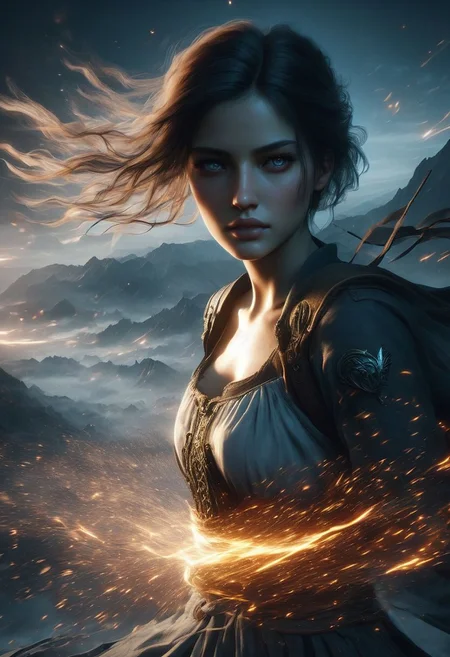 Minimalism, A character with an overhead view angle, lens flares, more dramatic lighting, deeper, a colder color grading, sweat, her expression is of fierce determination, 8k resolution, ultra HDR, and ghostly beauty. hourglass body with The image should reflect intricate details, raw photo quality, and a windy atmosphere. She is holding a sword in her hand. Make her wear shorts clothes. Add more realistic skin. Clear background. Make her more realistic. Remove motion blur. Make image quality same midjourney. Make image same concept game. Make her details and sharpness. Make her skin natural. Concept art portrait by Gottfried Helnwein. Add more graphics quality of Unreal Engine 5.