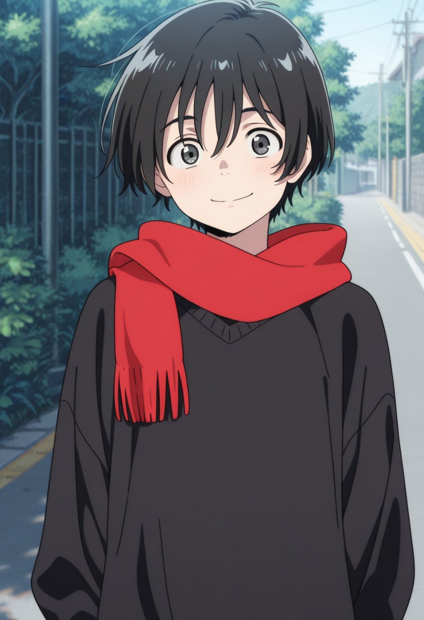 masterpiece,best quality,amazing quality, source_anime, 
MioChibana, 1boy, male focus, solo, black eyes, black hair, short hair, black sweater, red scarf, outdoor, smile, looking at viewer,