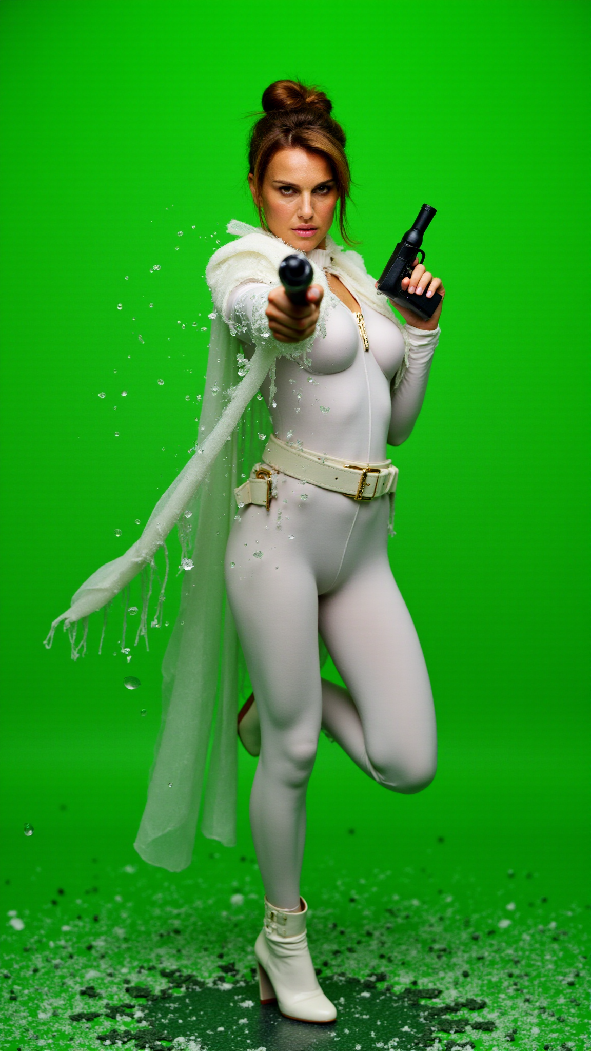 <lora:FLUX_PadmÃ©Amidala_v1:1> A dynamic, high-energy scene captures padme from star wars holding a blaster from starwars pointed at viewer in a fierce pose, mid-action as she bursts through a shattered glass surface, shards flying in all directions. Perfect hands. The background is a solid, vivid SpringGreen, creating a stark, intense contrast with the sharp, reflective fragments of glass. She's a young woman with fair skin and brown hair styled in bun in the nape of the neck, wearing latex white outfit, white wool cape and scarf, white belt, a gun in one hand. Her body is marked with small cuts from the glass, droplets of blood glistening under the light. Her expression is one of pure fury, his eyes locked onto the viewer as if they are the target of her rage. Her pose is explosive, one leg extended forward as if sheâs leaping through the air, his arms raised defensively or ready to strike. The glass shards around him are frozen in mid-air, their jagged edges catching the light and creating a chaotic, almost surreal effect. The SpringGreen background amplifies the intensity of the moment, evoking a sense of danger and raw emotion. The atmosphere is charged with adrenaline, the aftermath of his violent breakthrough palpable in every detail. The image feels as if itâs happening directly in front of the viewer, padme from star warsâs momentum and the flying glass creating a sense of immediacy and immersion. Itâs a moment of chaos and power, a snapshot of rage and determination frozen in time. The combination of the SpringGreen backdrop, the sharp glass, and padme from star warsâs fierce expression makes for a visually striking and emotionally charged composition. She goes forward, driven by duty and the promise of glory.