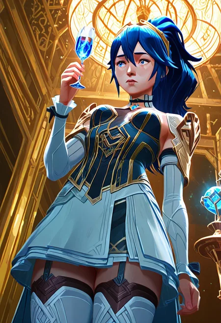 1girl, Lucina, (((elegant hextech corset with glowing blue gemstones and intricate gold filigree))), thigh-high stockings with circuit-like seams, electric-blue hair in a high ponytail, sapphire eyes gleaming with mischief, standing in a grand Piltover ballroom, chandeliers reflecting off her armor, holding a champagne glass filled with shimmering liquid, Dutch angle from below, cinematic lighting, hyper-detailed, 8k UHD, masterpiece
arcanstyle, 
(((Cowboy shot)))