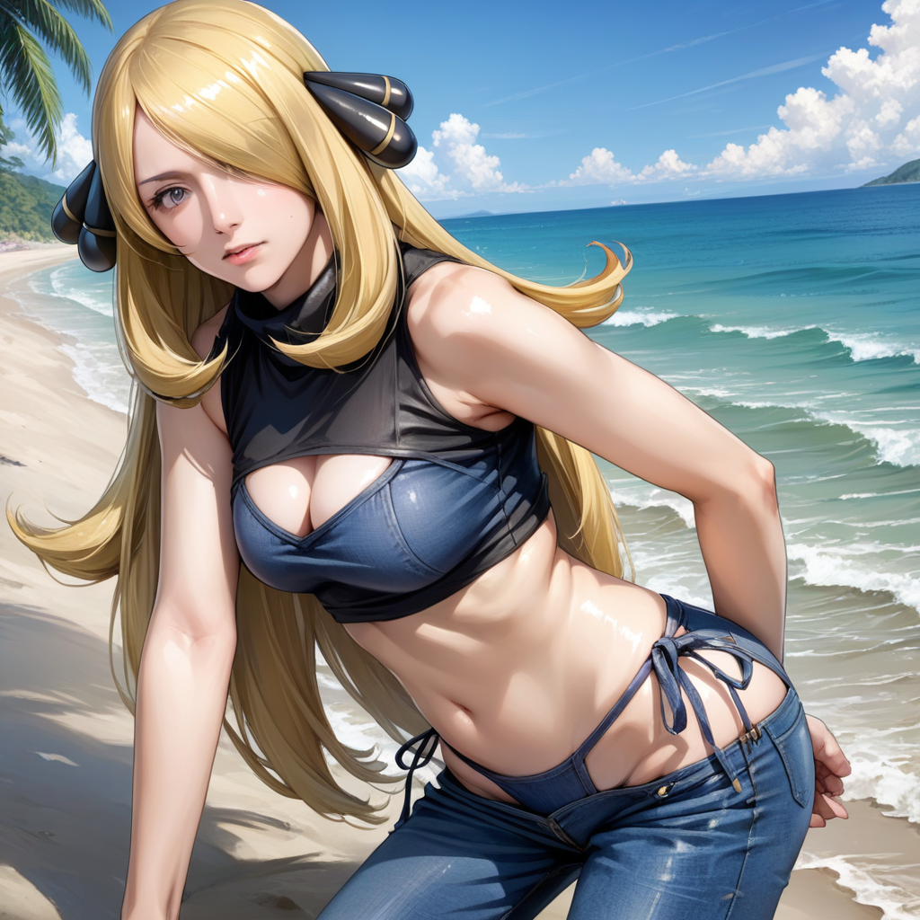 artist style:Urushihara Satoshi, source_hentai, source_anime, masterpiece, score_9, score_8_up, score_7_up, source_anime, shiny oild skin,  real, realistic, Cynthia, blonde, face, eyes, Cynthia\(Pokemon\) 1girl, meme_attire, (bikini_jeans:1.0), pants, panties, side-tie panties, highleg_bikini, clothing cutout, denim, lowleg_pants, denim_bikini, bikini_jeans, clothing_cutout, beach, blue sky,