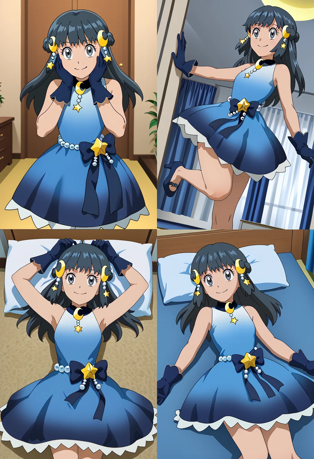 __femalePosesWildcard400_v10/female-poses__,  smile,  indoors,  1girl, <lora:DawnPony:1>  Dawn_Con, long hair, black hair, grey eyes, braid, crescent hair ornament, gradient dress, blue dress, sleeveless, blue bow, blue gloves, blue footwear,