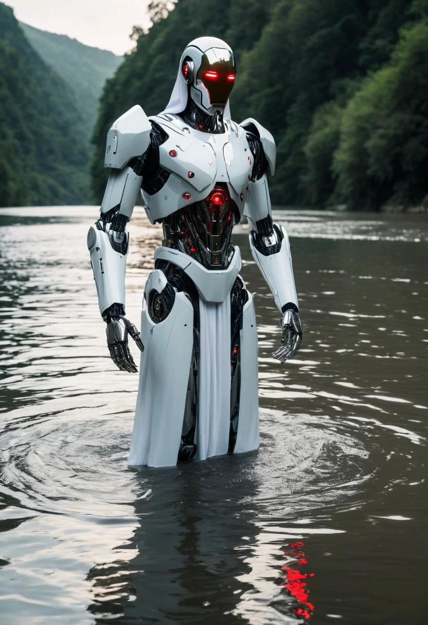 Jesus, wearing a white robe, stands waist-deep in a river, he is baptizing a shiny metallic robot with a futuristic, cyborg-like appearance, the robot has glowing red eyes and intricate mechanical details,