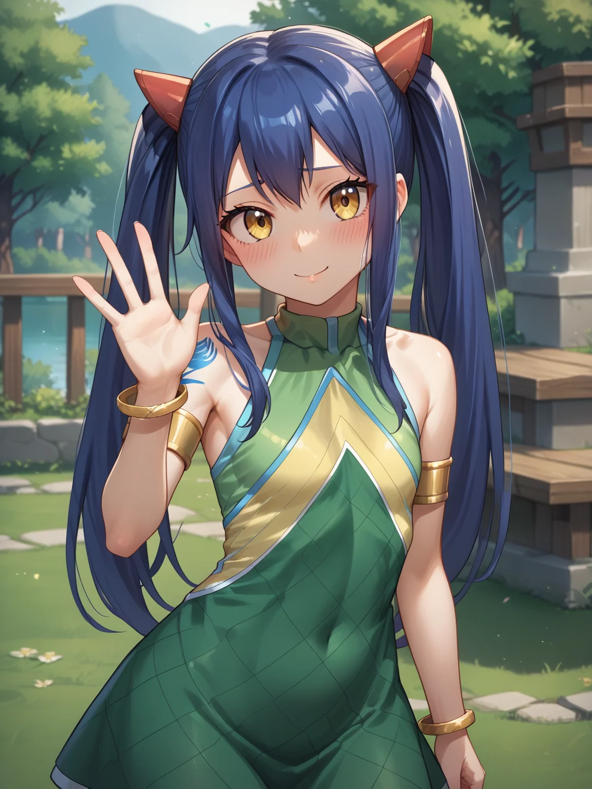 score_9, score_8_up, score_7_up, score_6_up, score_5_up, score_4_up, source_anime, detailed eyes, beautiful eyes, <lora:Wendy_Marvell:1> WendyMarvell, blue hair, short, petite, yellow eyes, blue tattoo, shoulder tattoo, GreenDressOutfit, long hair, twintails, side locks, hair ornament, bare shoulders, green dress, sleeveless dress, golden armlet, bracelet, tilted head, waving, shy,