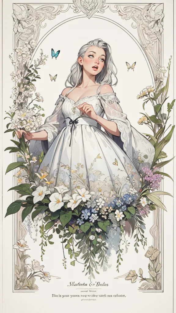 <lora:TOOL_animeoutlineV4_16:0.3>,lineart,
(best quality, masterpiece:1.3),
1girl,solo,silver hair,bright pupils,long hair,hair slicked back,singing,dress,
fractal art,card design,Decorative Arts,
cursive text,botanical illustration,classic,elegant flourishes,retro,glowing butterfly,