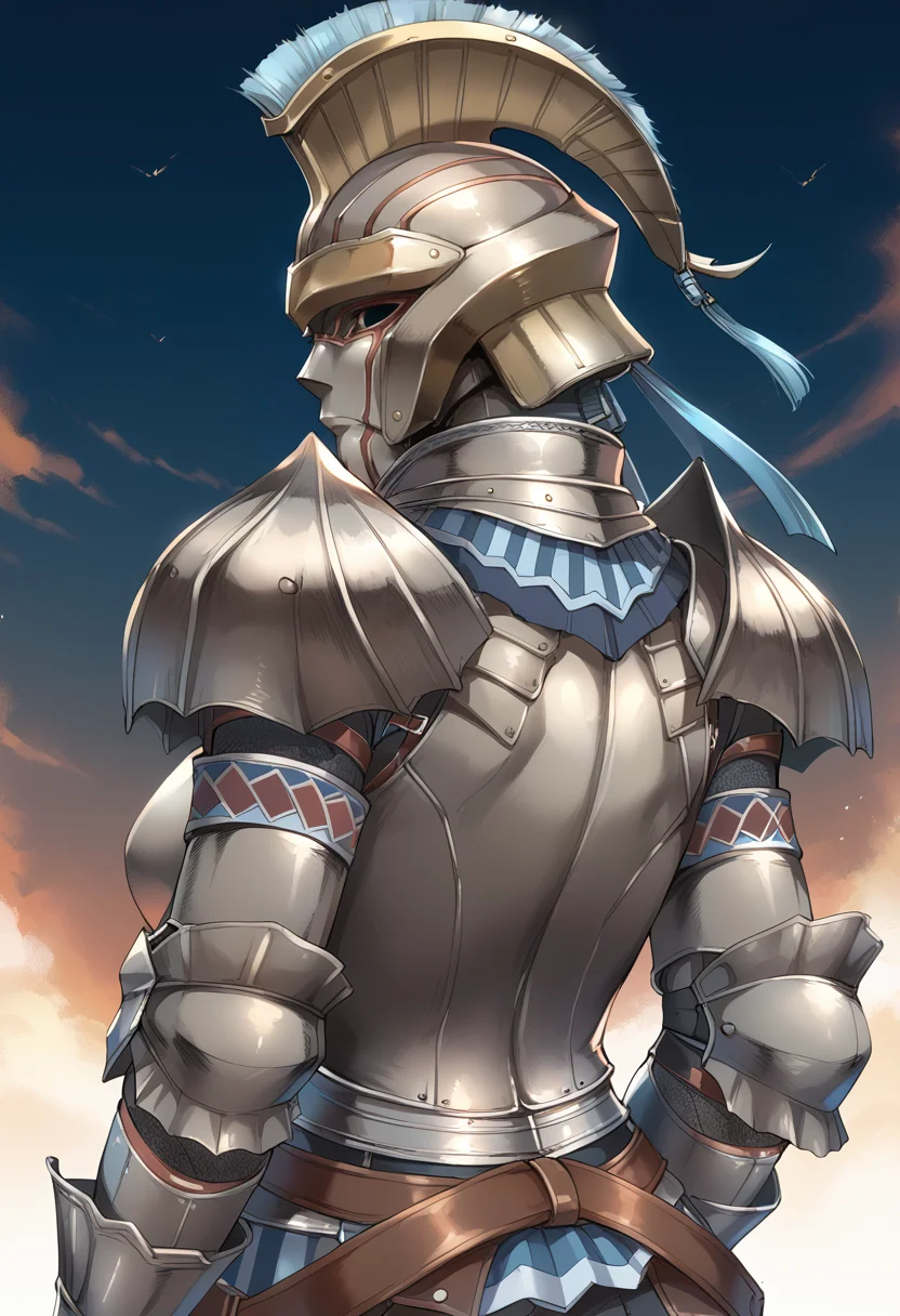 (score_9:0.9),score_8_up,score_7_up,rating_safe,anime style,(zPDXL),(zPDXL3),<lora:Kushala Armor ponyXL v1:0.7>,kushala armor, full armor, looking back, solo, from behind, silver shoulder armor, silver breastplate, silver armored gauntlets, silver helmet, upper body,