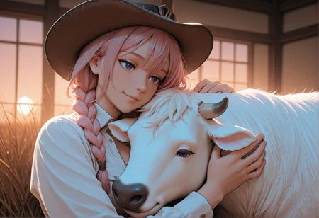 <lora:CivChan:1> Civchan, digital art, cowgirl with braided hair and wearing a cowboy hat, petting an adorable fluffy pink cow, farm background,  purple eyes,  pink hair, , soft lighting,, high-resolution, detailed texture, , serene atmosphere, cinematic lighting.
